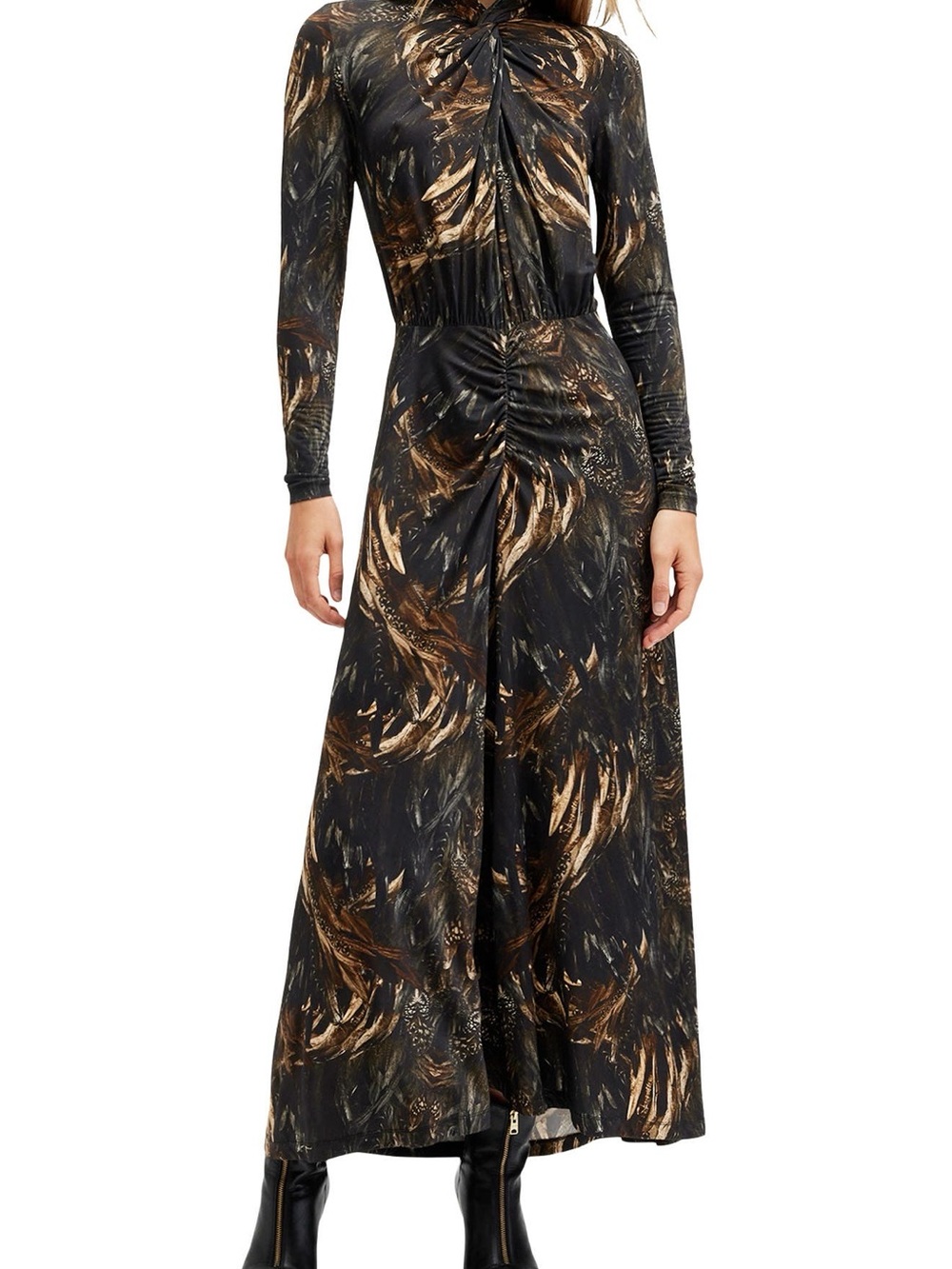 AllSaints Mina Printed Long Sleeve Slim Fit Maxi Dress, Charm Black